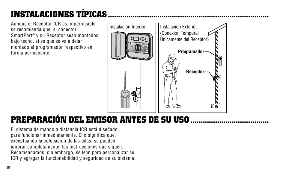 Instalaciones típicas, Preparación del emisor antes de su uso | Hunter Fan ICR User Manual | Page 24 / 32