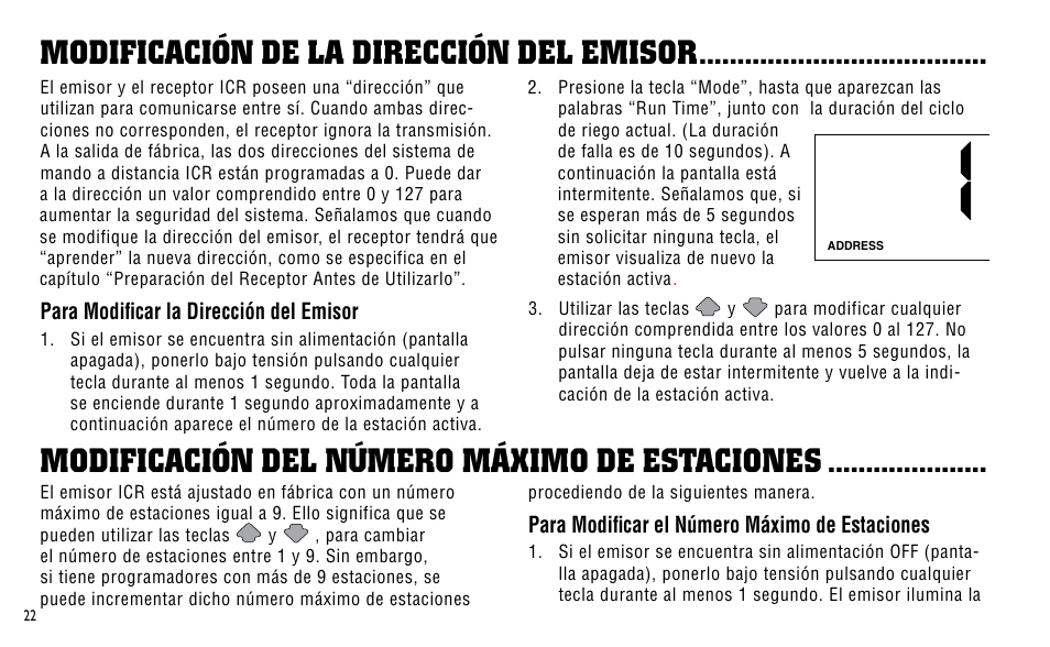 Modificación de la dirección del emisor, Modificación del número máximo de estaciones, Para modificar la dirección del emisor | Para modificar el número máximo de estaciones | Hunter Fan ICR User Manual | Page 26 / 32
