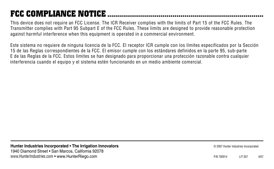 Fcc compliance notice | Hunter Fan ICR User Manual | Page 32 / 32