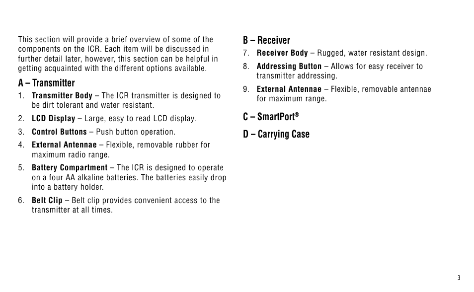 B – receiver, C – smartport, D – carrying case | A – transmitter, Bd c | Hunter Fan ICR User Manual | Page 7 / 32