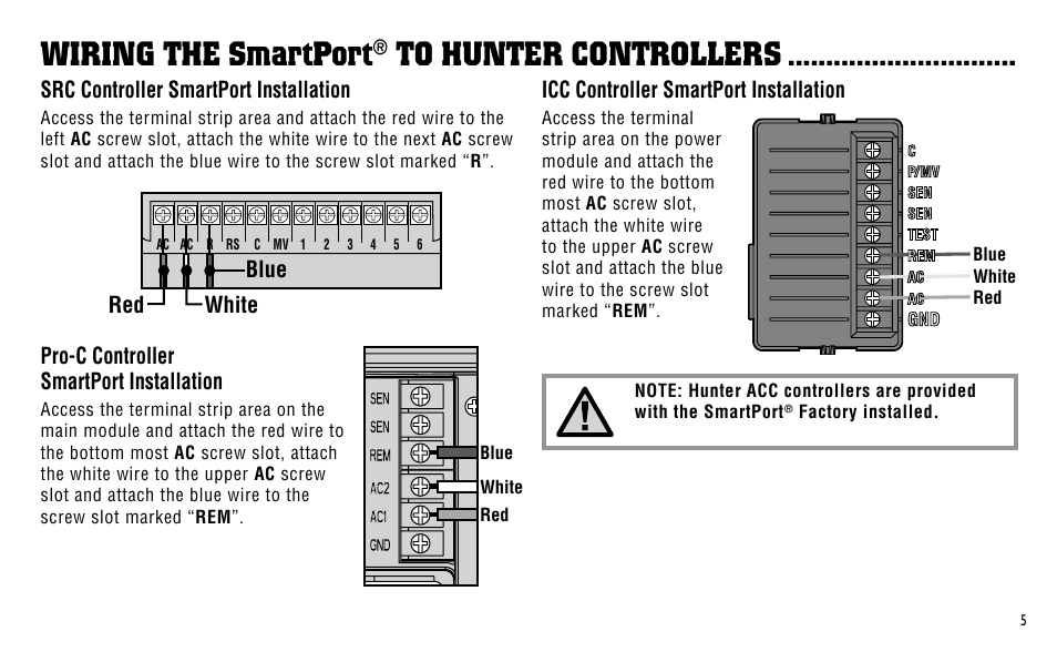 Wiring the smartport® to hunter controllers, Wiring the smartport | Hunter Fan ICR User Manual | Page 9 / 32