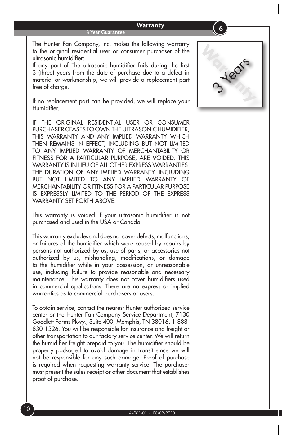 Warranty, 3 year guarantee | Hunter Fan 31004 User Manual | Page 10 / 11