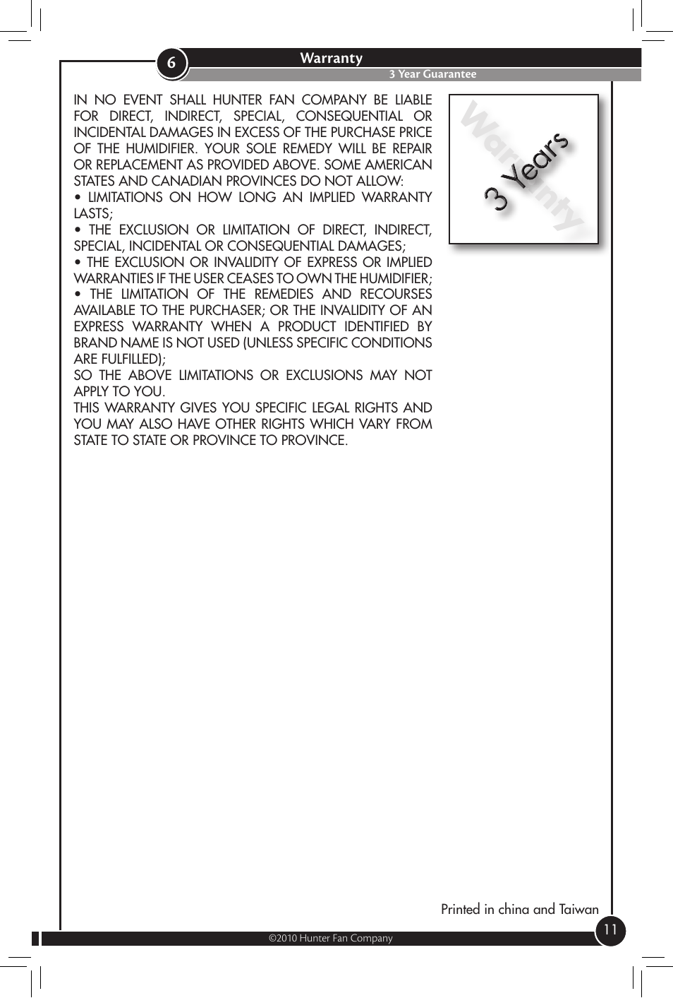 Warranty | Hunter Fan 31004 User Manual | Page 11 / 11