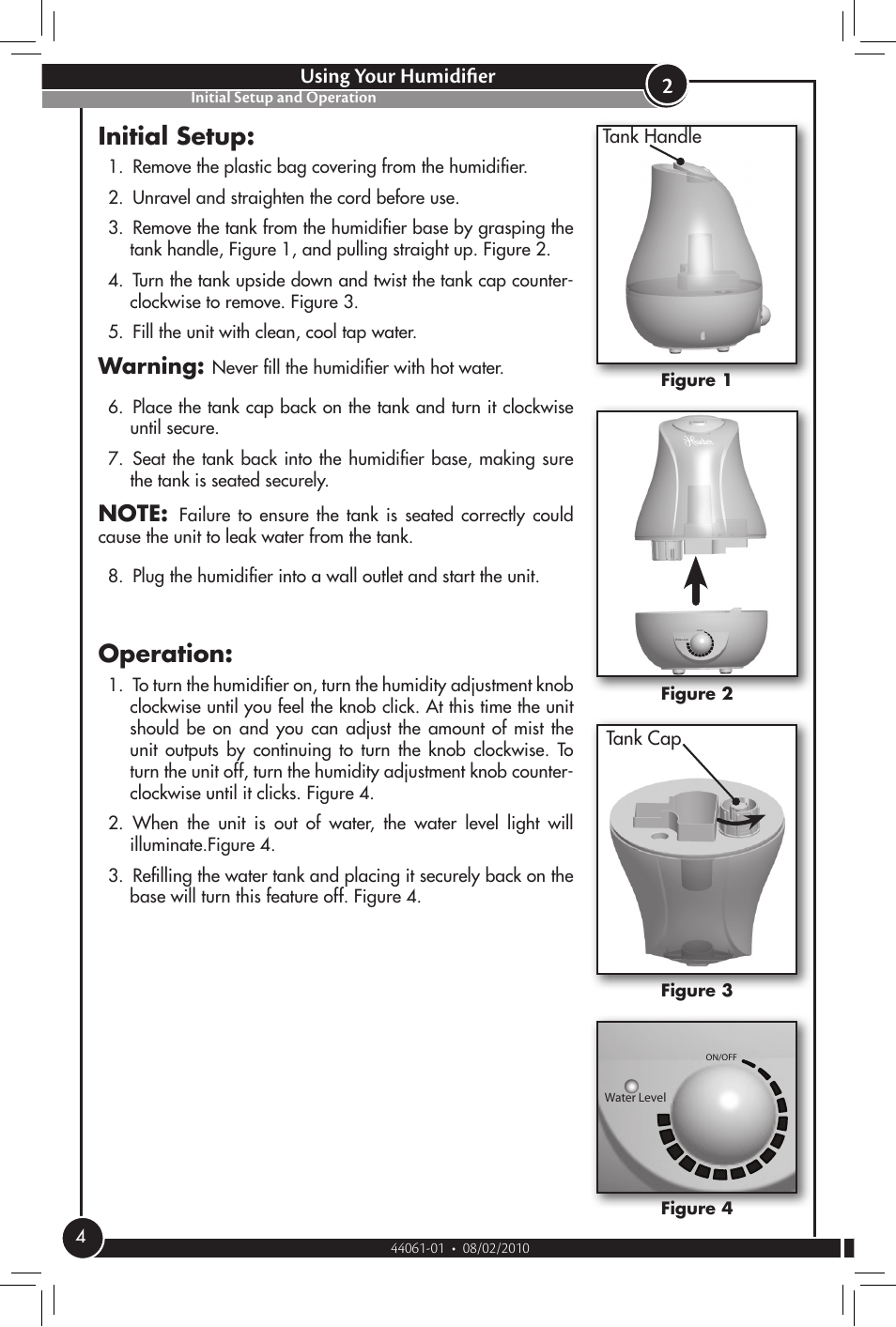 Using your humidifier, Initial setup and operation, Initial setup | Operation, Warning | Hunter Fan 31004 User Manual | Page 4 / 11