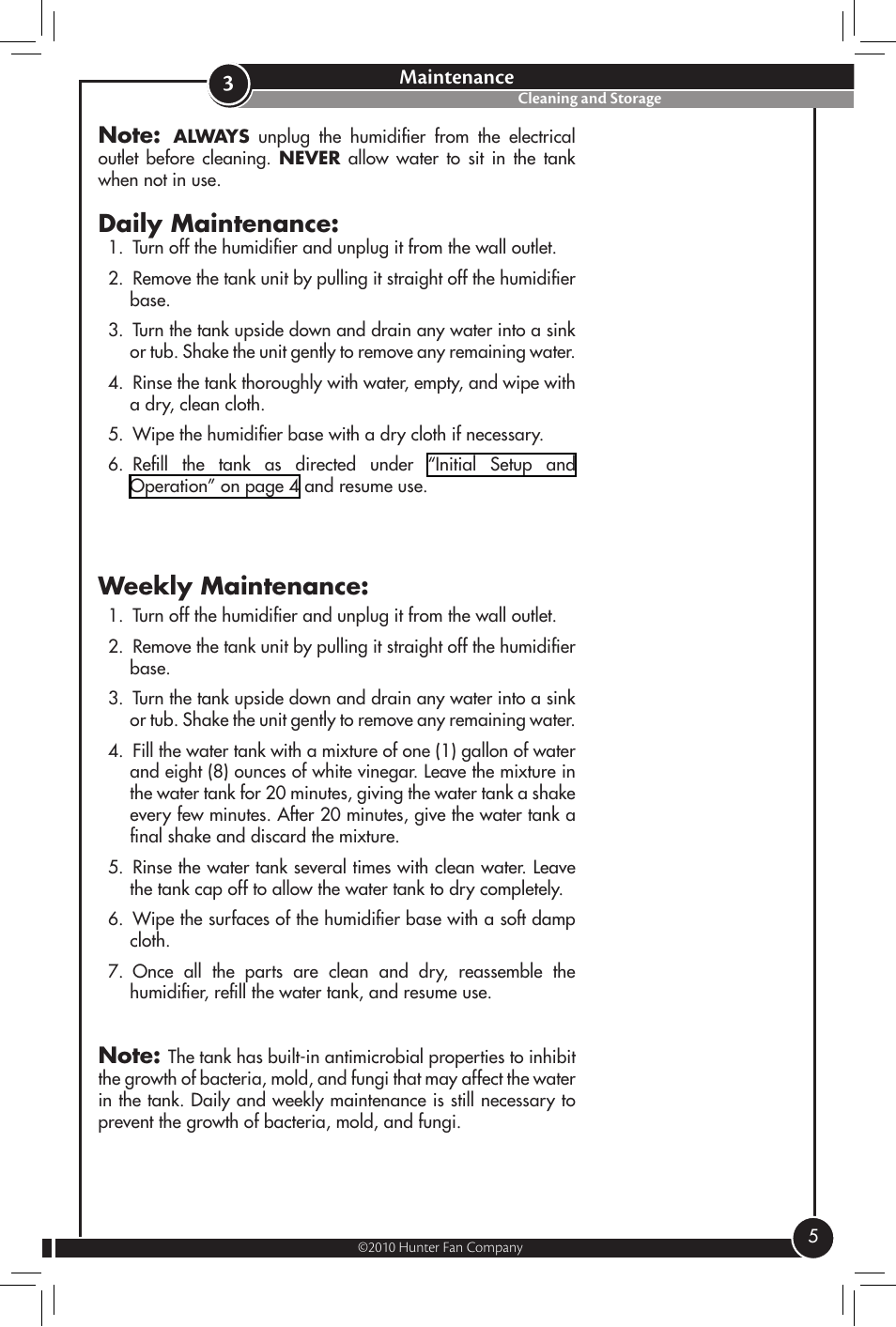 Maintenance, Cleaning and storage, Daily maintenance | Weekly maintenance | Hunter Fan 31004 User Manual | Page 5 / 11