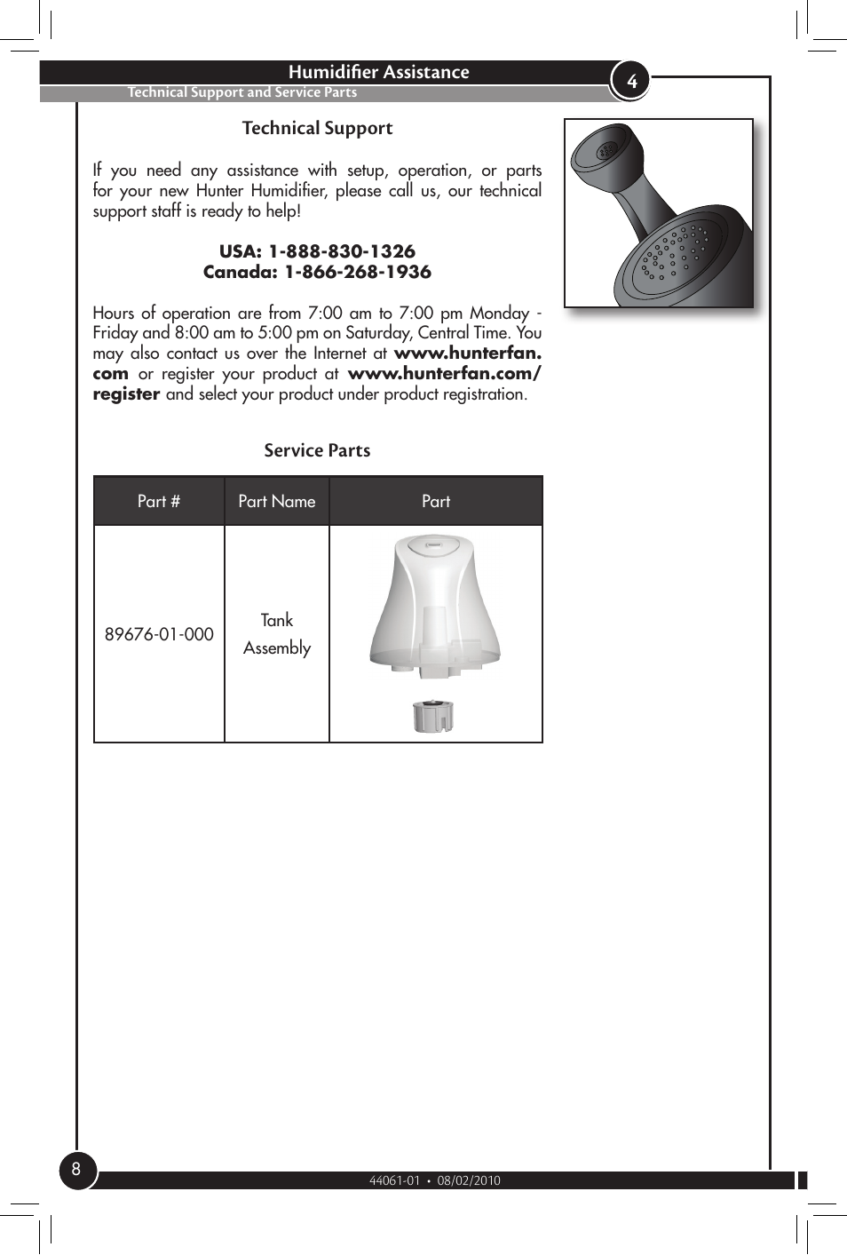 Technical support and service parts | Hunter Fan 31004 User Manual | Page 8 / 11