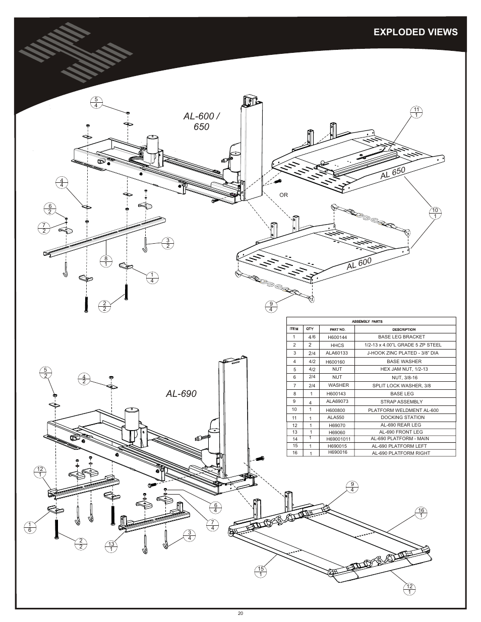 Overall - leg assemblies, Exploded views | Harmar Mobility AL600 User Manual | Page 20 / 20