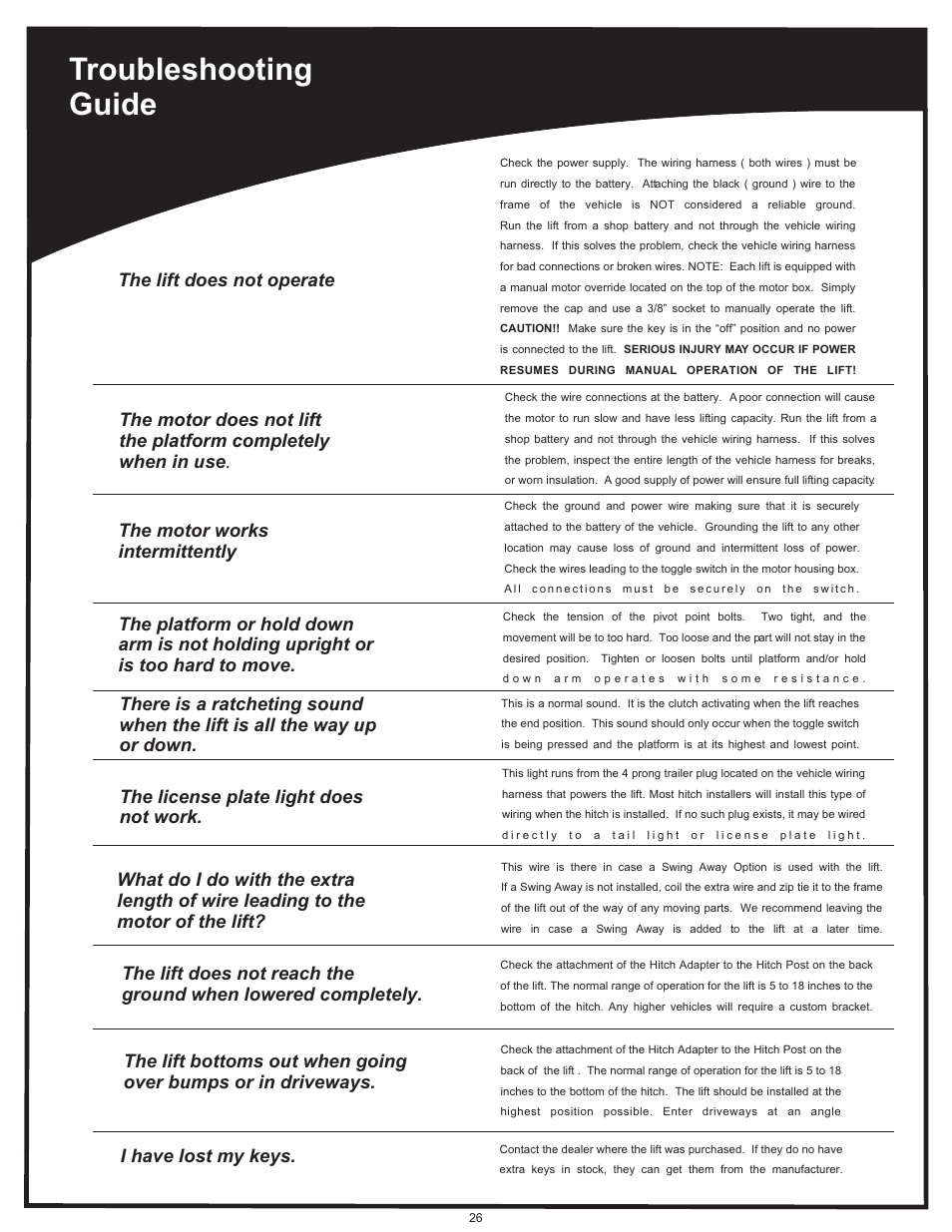 Troubleshooting guide, The motor works intermittently, The license plate light does not work | Harmar Mobility AL500 User Manual | Page 26 / 36