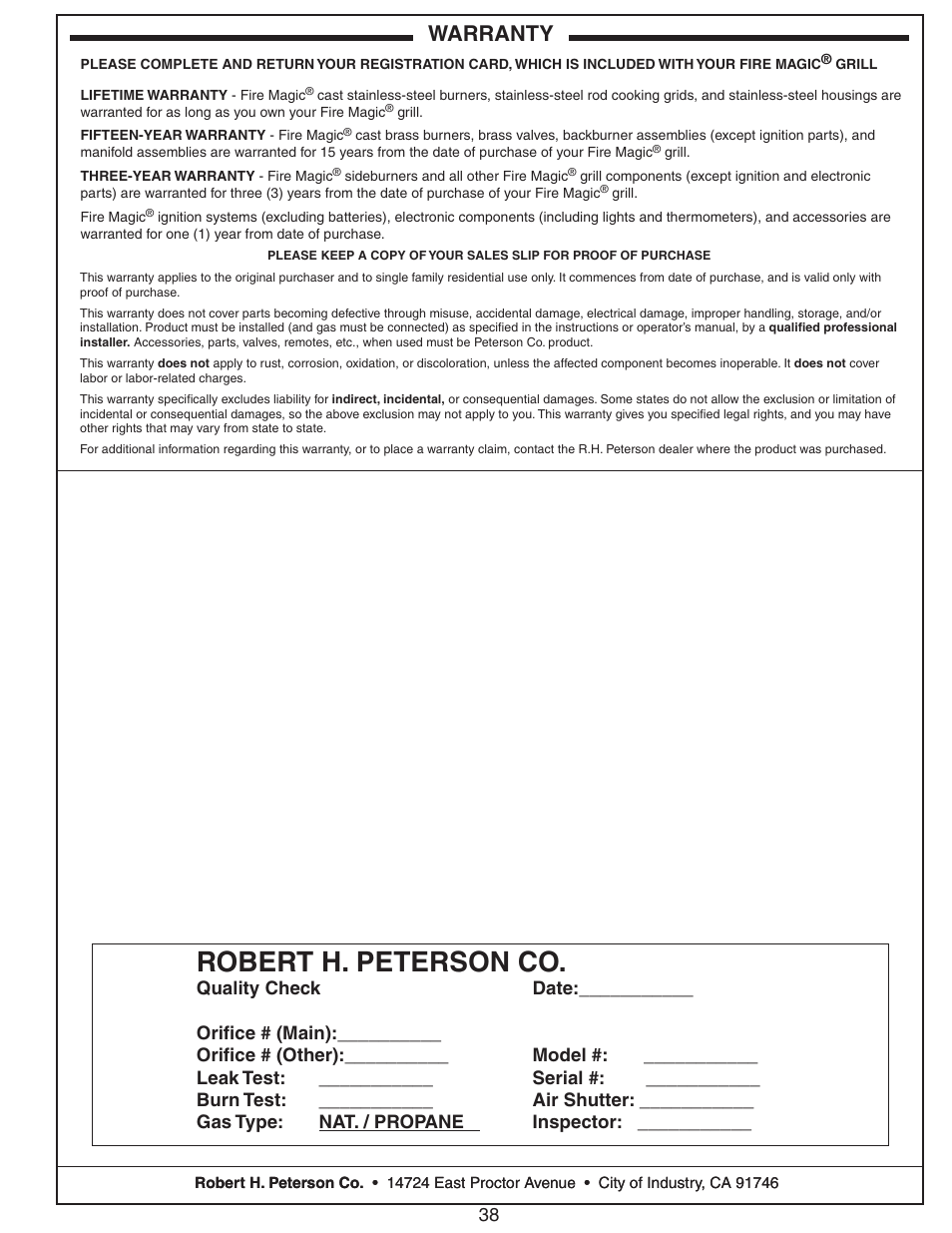 Robert h. peterson co, Warranty | Fire Magic ECHELON E660 User Manual | Page 38 / 38