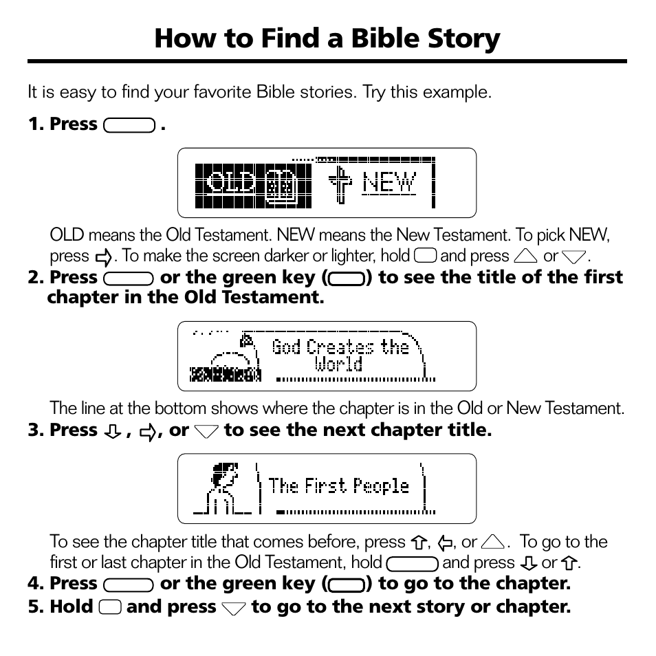 How to find a bible story, And press, Press | Or the green key, And press or . 4. press | Franklin RMB-2030 User Manual | Page 7 / 20