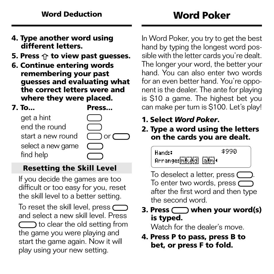 Word poker, Get a hint, End the round | Start a new round, Select a new game, Find help, After the first word and then type the second word, Watch for the dealer’s move, And select a new skill level. press | Franklin WGM-2037 User Manual | Page 11 / 23
