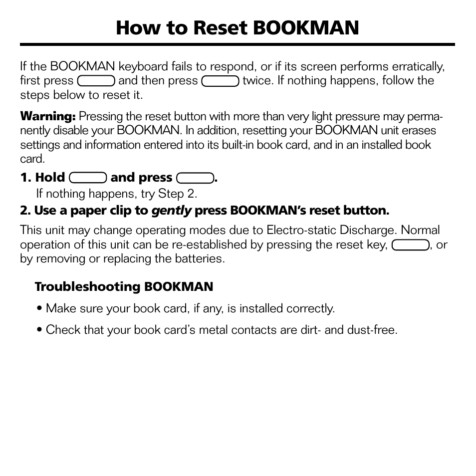 How to reset bookman | Franklin BOOKMAN CED-2031 User Manual | Page 22 / 27