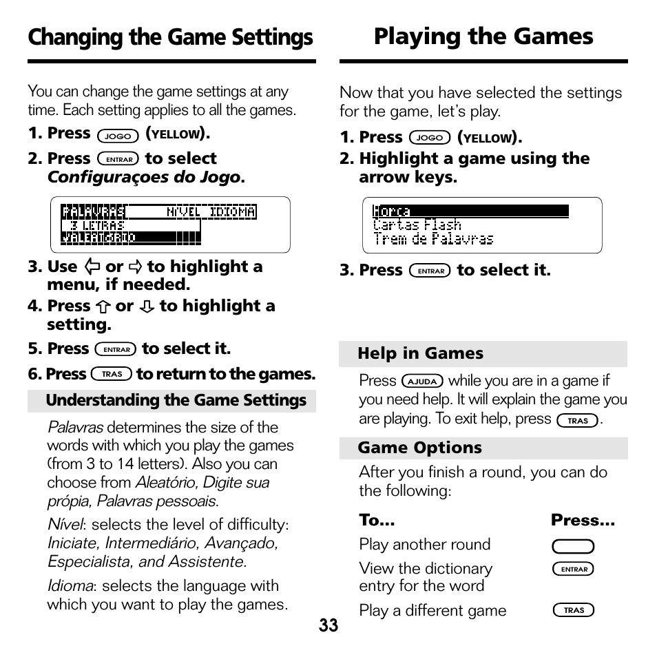 Changing the game settings, Playing the games, Changing the game settings playing the games | Franklin Perito Ingles Portuguese Expert DBP-2076 User Manual | Page 15 / 21