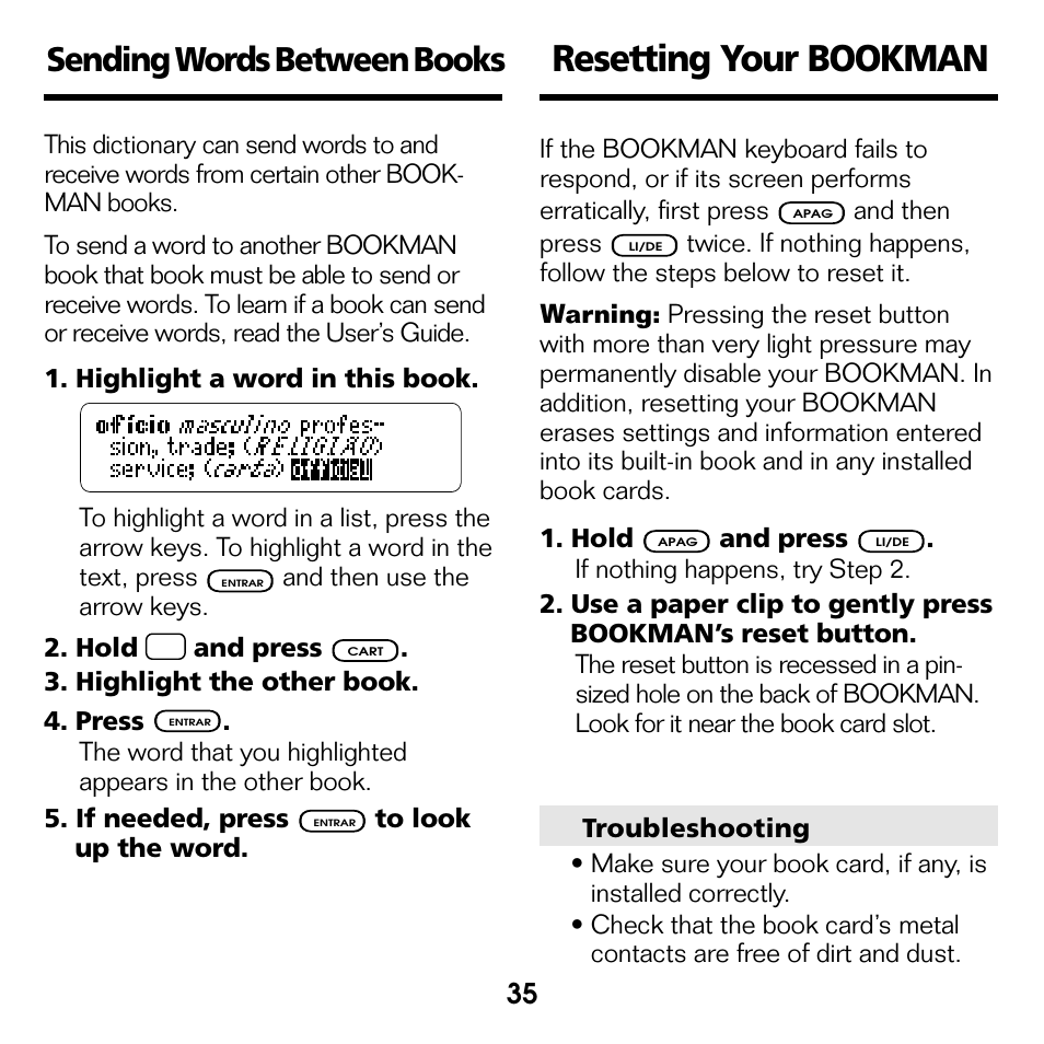 Sending words between books, Resetting your bookman | Franklin Perito Ingles Portuguese Expert DBP-2076 User Manual | Page 17 / 21
