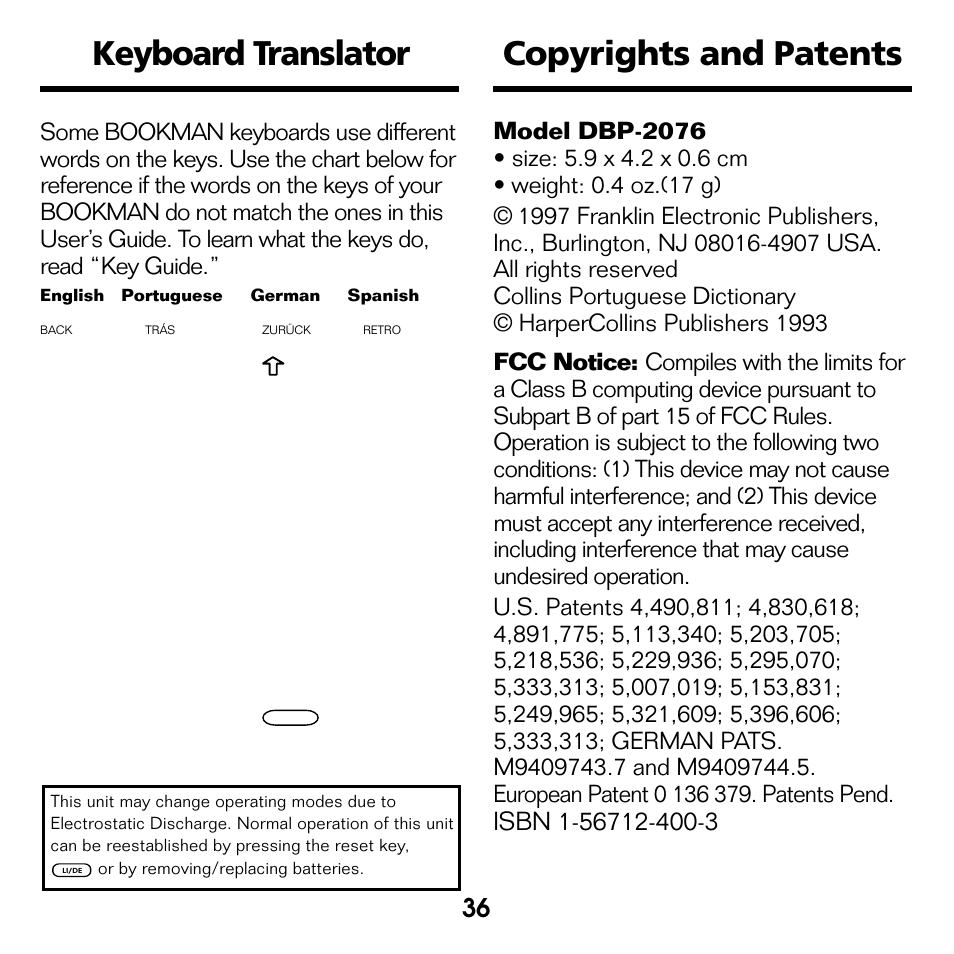 Keyboard translator, Copyrights and patents, Or by removing/replacing batteries | English portuguese german spanish | Franklin Perito Ingles Portuguese Expert DBP-2076 User Manual | Page 18 / 21