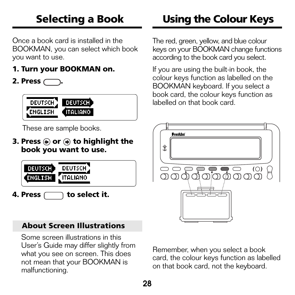 Selecting a book, Using the colour keys, Selecting a book using the colour keys | Franklin Bookman BDK-1460 User Manual | Page 7 / 24