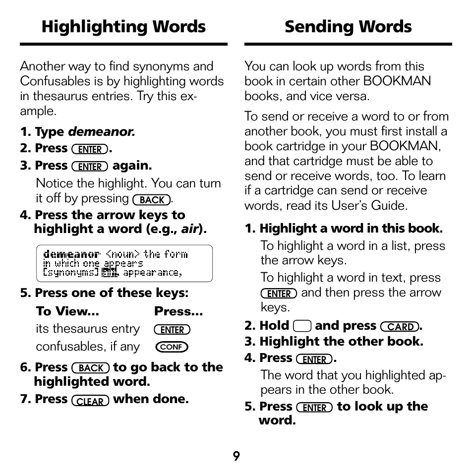 Highlighting words, Sending words | Franklin Advanced Thesaurus ATH-440 User Manual | Page 10 / 16