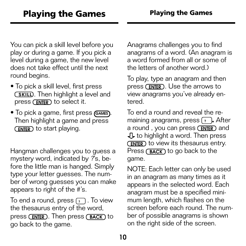Playing the games | Franklin Advanced Thesaurus ATH-440 User Manual | Page 11 / 16
