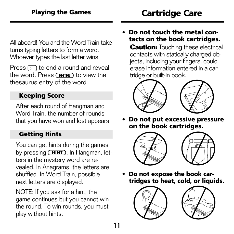 Cartridge care, Playing word train | Franklin Advanced Thesaurus ATH-440 User Manual | Page 12 / 16