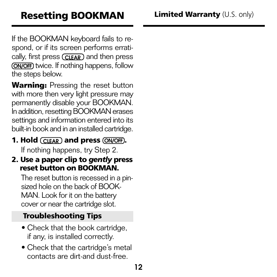 Resetting bookman | Franklin Advanced Thesaurus ATH-440 User Manual | Page 13 / 16