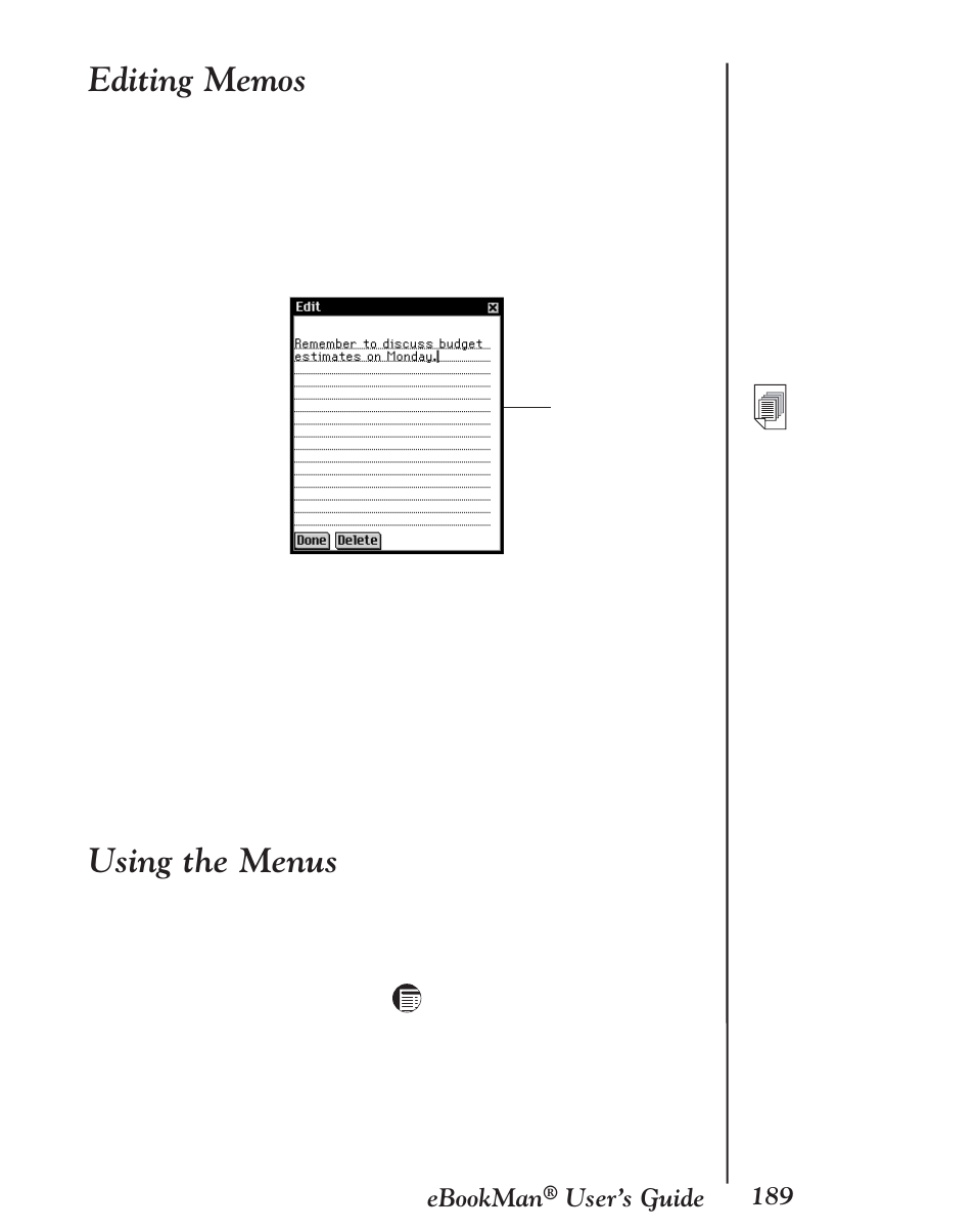 Editing memos, Using the menus | Franklin EBM-901 User Manual | Page 189 / 243
