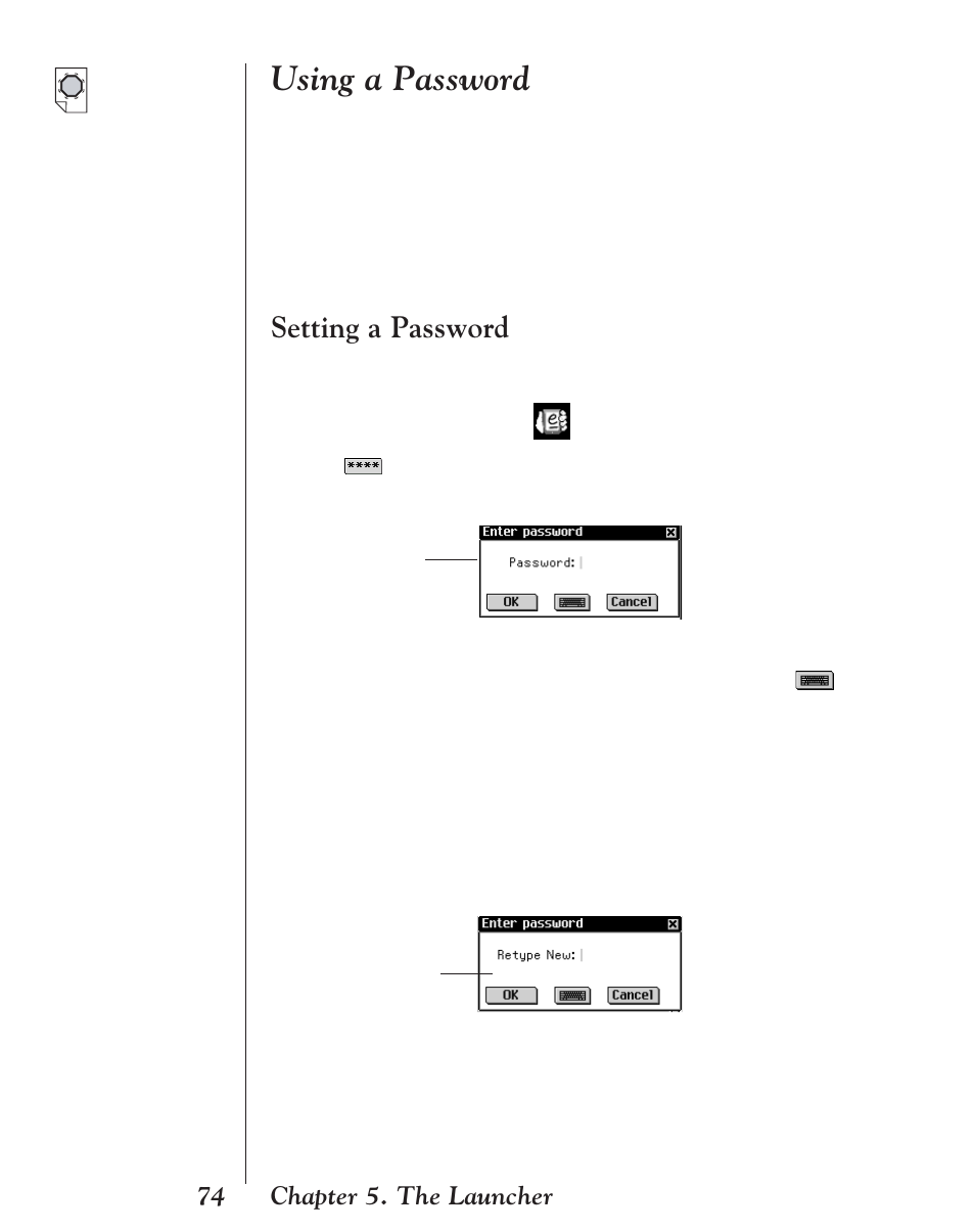 Using a password, Setting a password, 74 chapter 5. the launcher | Franklin EBM-901 User Manual | Page 74 / 243