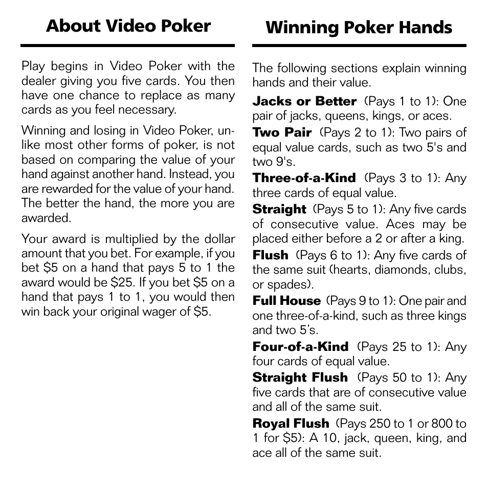 About video poker, Winning poker hands | Franklin Blackjack & Video Poker BJP-2034 User Manual | Page 14 / 20