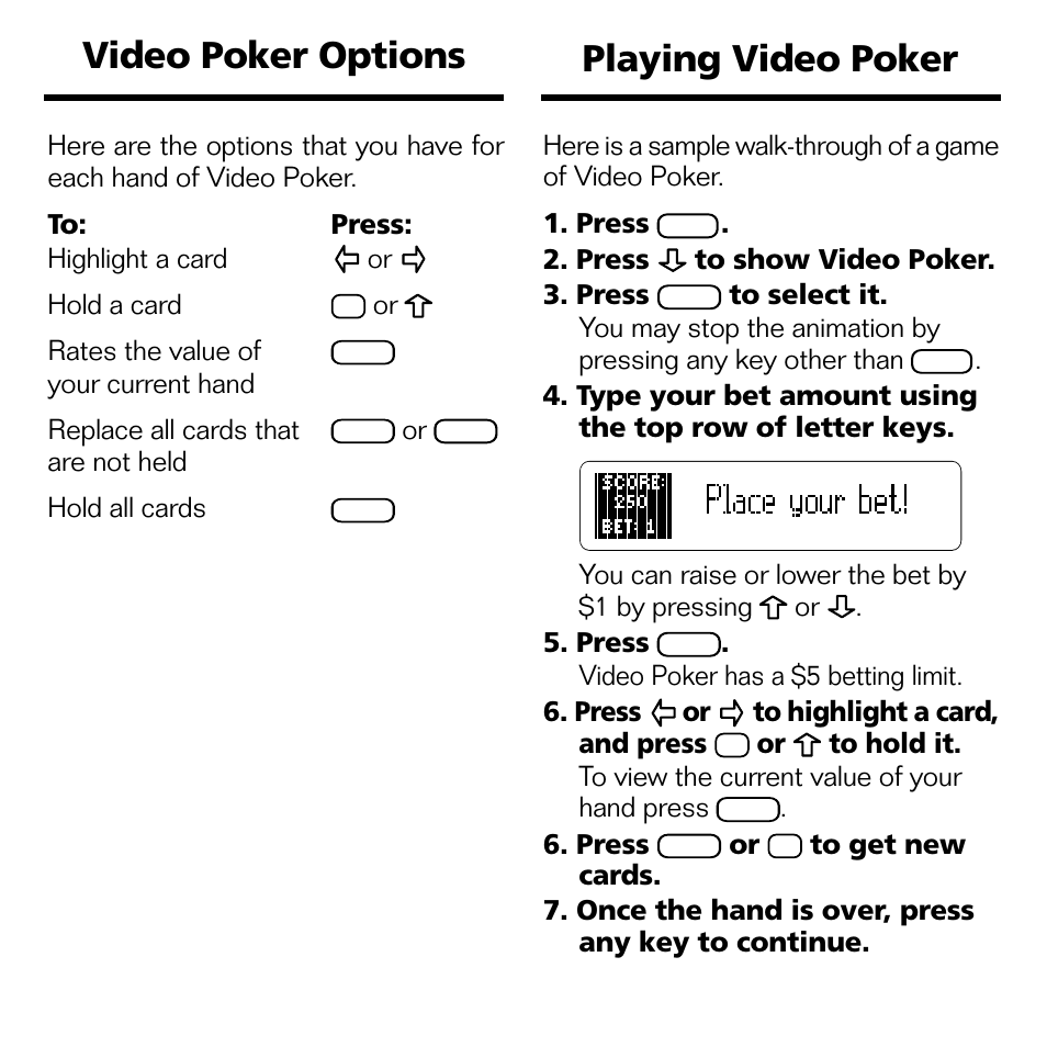 Video poker options, Playing video poker | Franklin Blackjack & Video Poker BJP-2034 User Manual | Page 15 / 20