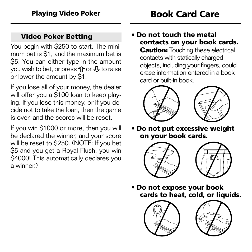 Book card care | Franklin Blackjack & Video Poker BJP-2034 User Manual | Page 16 / 20