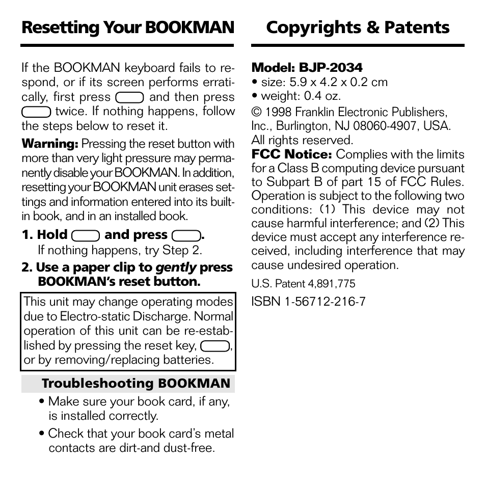 Resetting your bookman, Copyrights & patents | Franklin Blackjack & Video Poker BJP-2034 User Manual | Page 18 / 20