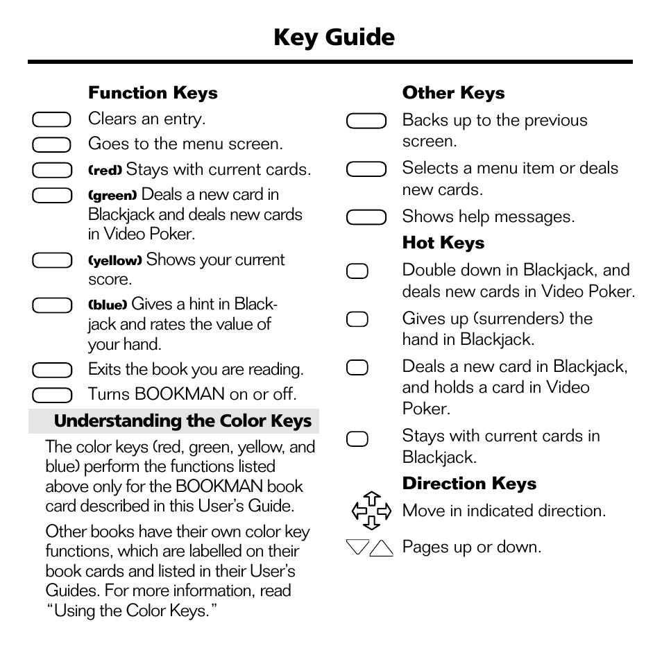 Key guide, 2function keys, Clears an entry | Goes to the menu screen, Stays with current cards, Shows your current score, Exits the book you are reading, Turns bookman on or off, Other keys, Backs up to the previous screen | Franklin Blackjack & Video Poker BJP-2034 User Manual | Page 4 / 20