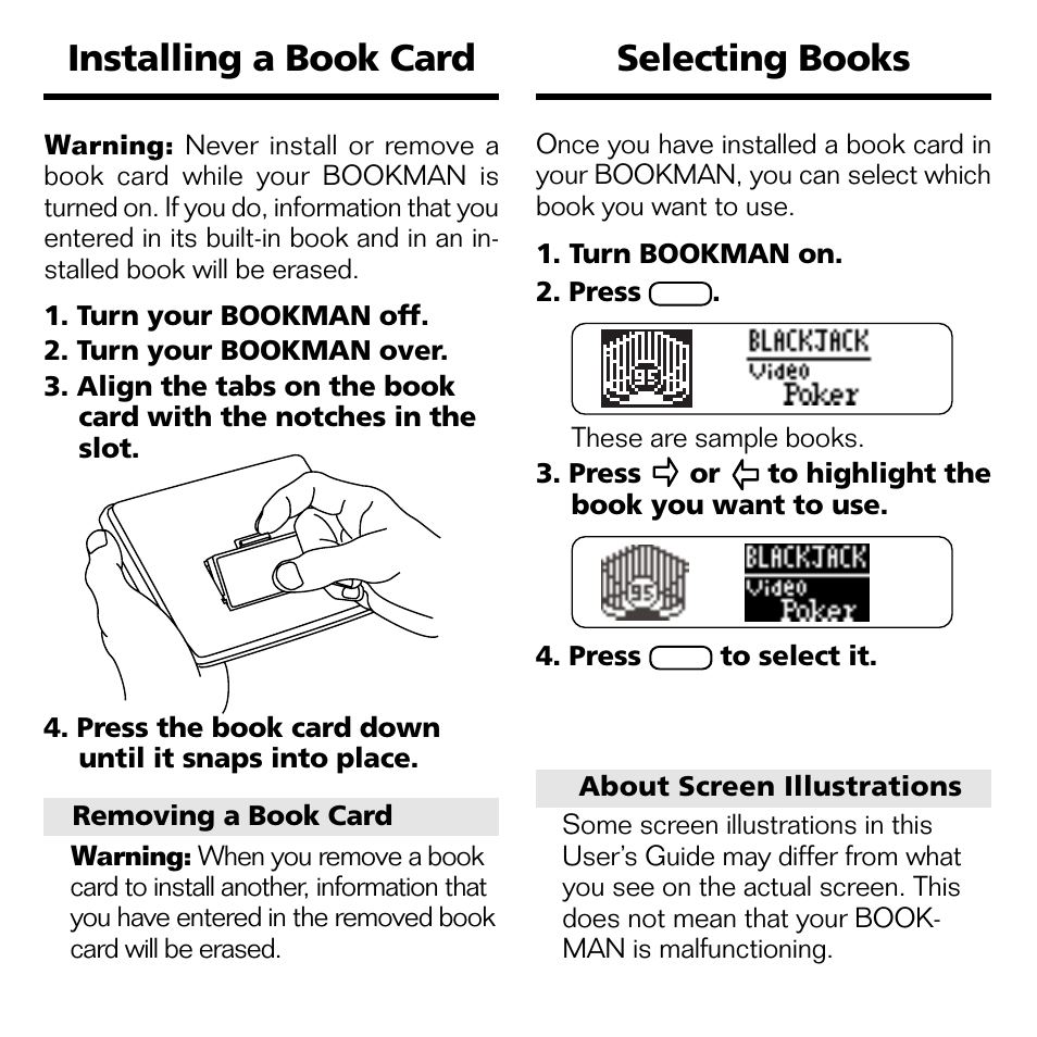 Selecting books, Installing a book card | Franklin Blackjack & Video Poker BJP-2034 User Manual | Page 5 / 20