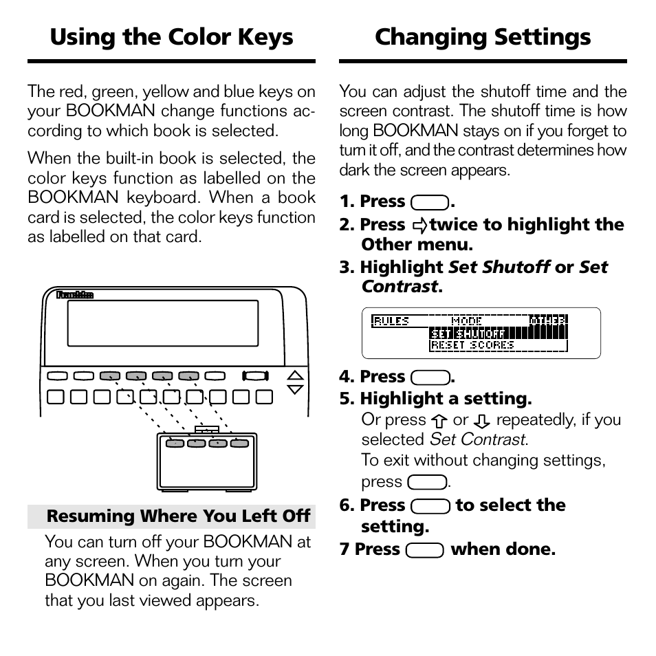 Using the color keys, Changing settings | Franklin Blackjack & Video Poker BJP-2034 User Manual | Page 6 / 20