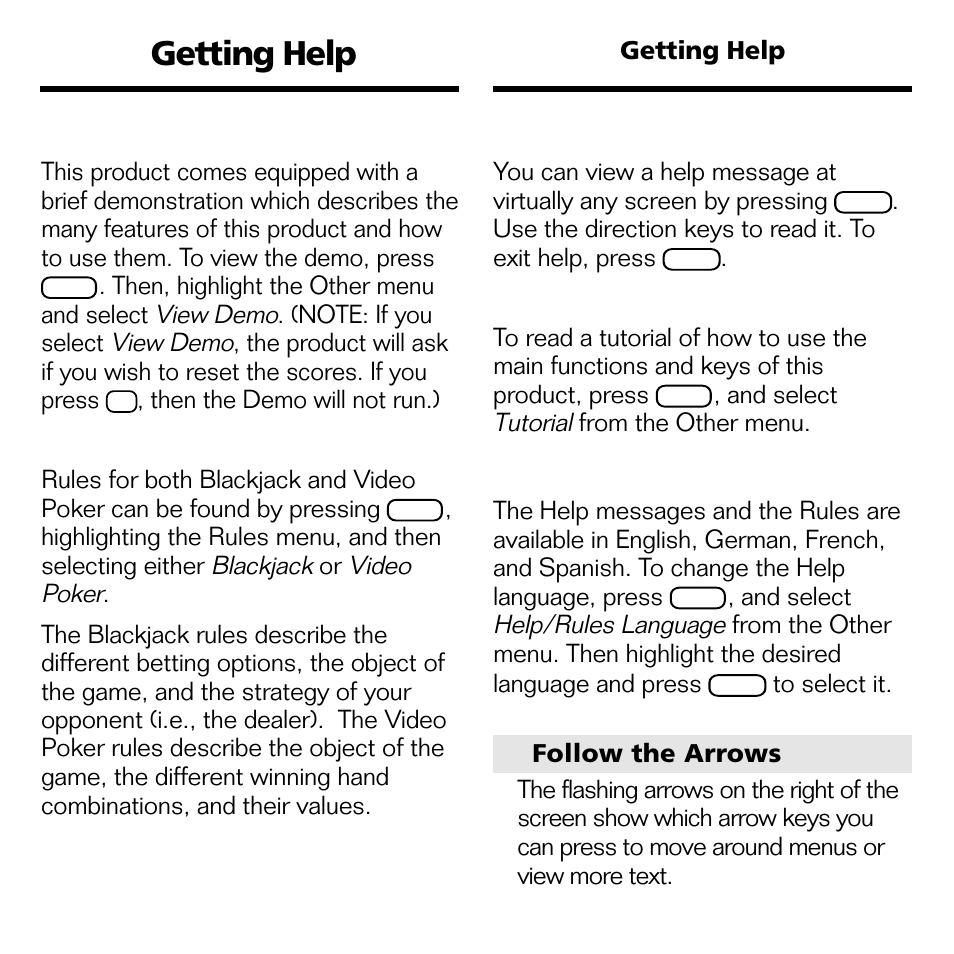 Getting help, Viewing a demonstration, Viewing the rules | Viewing help, Viewing the tutorial, Changing the help language | Franklin Blackjack & Video Poker BJP-2034 User Manual | Page 7 / 20