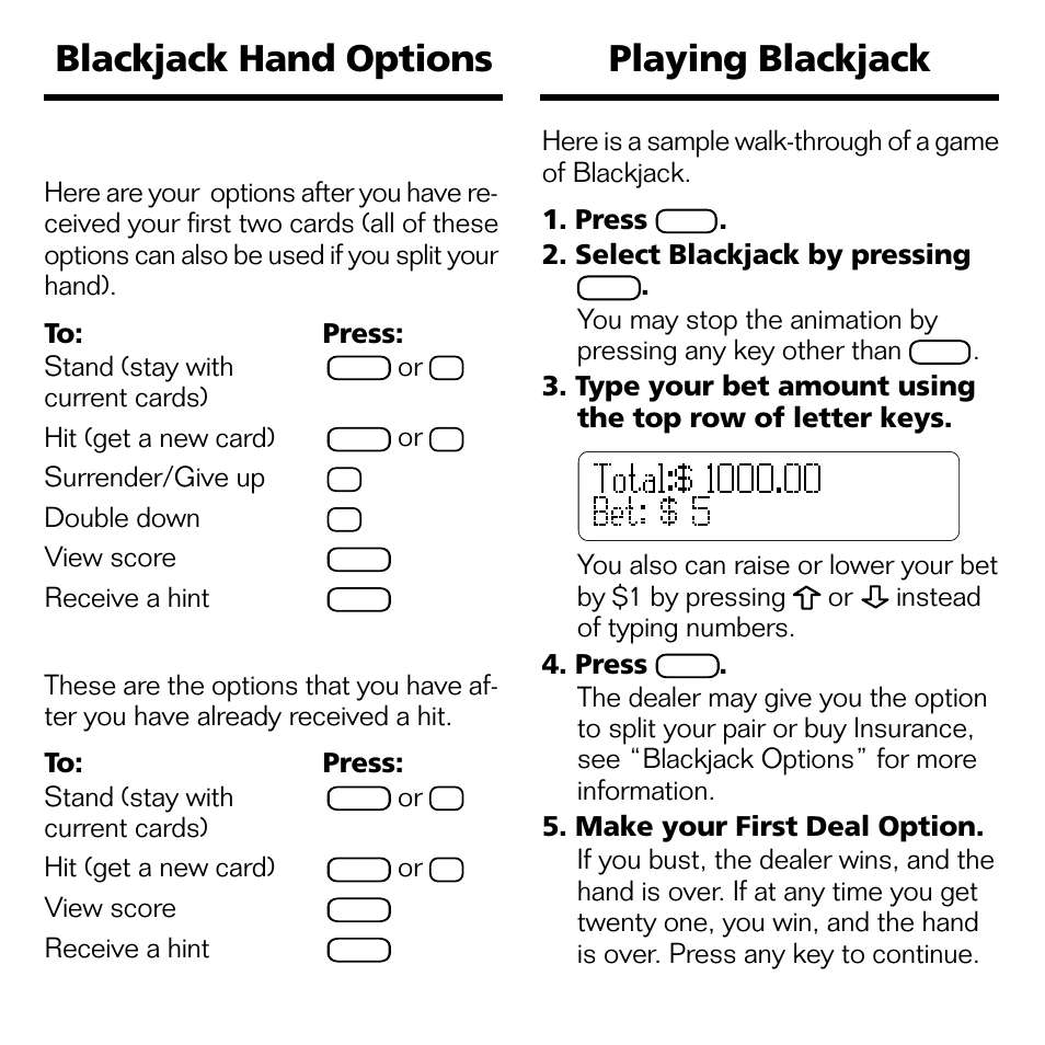 Blackjack hand options playing blackjack, First deal options, Second deal options | Select blackjack by pressing, Current cards) hit (get a new card), Surrender/give up, Double down, View score, Receive a hint | Franklin Blackjack & Video Poker BJP-2034 User Manual | Page 9 / 20