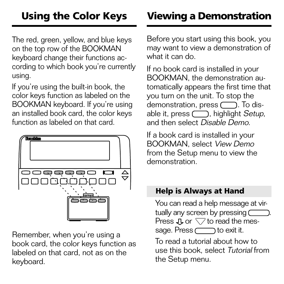 Viewing a demonstration, Using the color keys | Franklin BOOKMAN CDR-2041 User Manual | Page 7 / 20