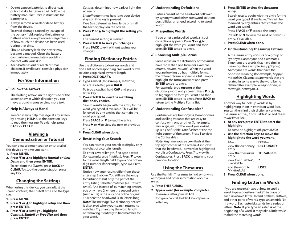 For your information, Viewing a demonstration or tutorial, Changing the settings | Finding dictionary entries, Using the thesaurus, Highlighting words, Finding letters in words | Franklin Crossword Puzzle Dictionary CWP-570 User Manual | Page 2 / 7