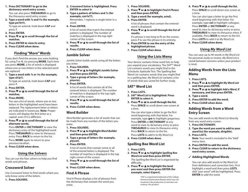 Finding “more” words, Using the solvers, Using the lists menu | Using my word list, Crossword solver, Jumble solver, Word builder, Find a phrase, Sat® word list, Spelling bee word list | Franklin Crossword Puzzle Dictionary CWP-570 User Manual | Page 3 / 7