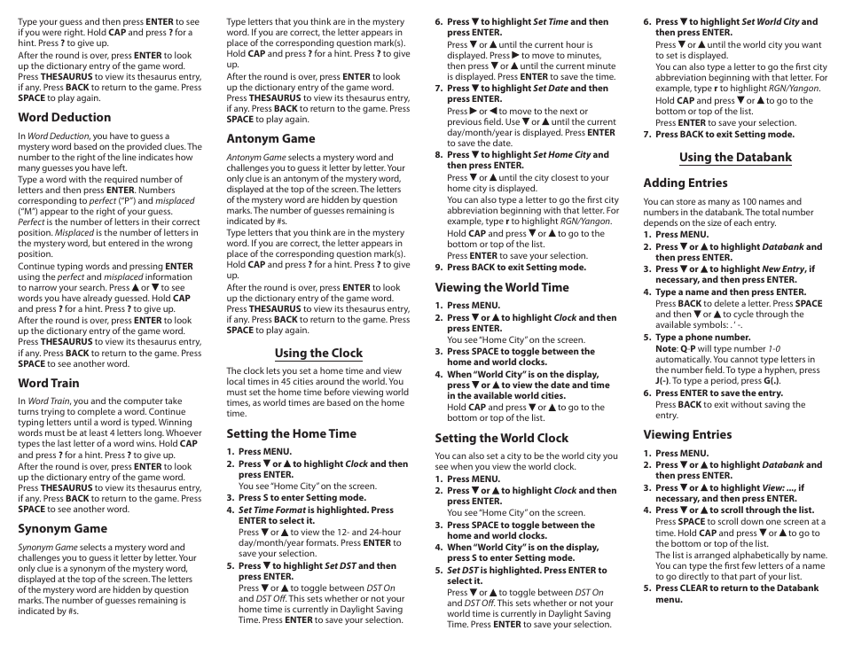 Using the clock, Using the databank, Word deduction | Word train, Synonym game, Antonym game, Setting the home time, Viewing the world time, Setting the world clock, Using the databank adding entries | Franklin Crossword Puzzle Dictionary CWP-570 User Manual | Page 5 / 7