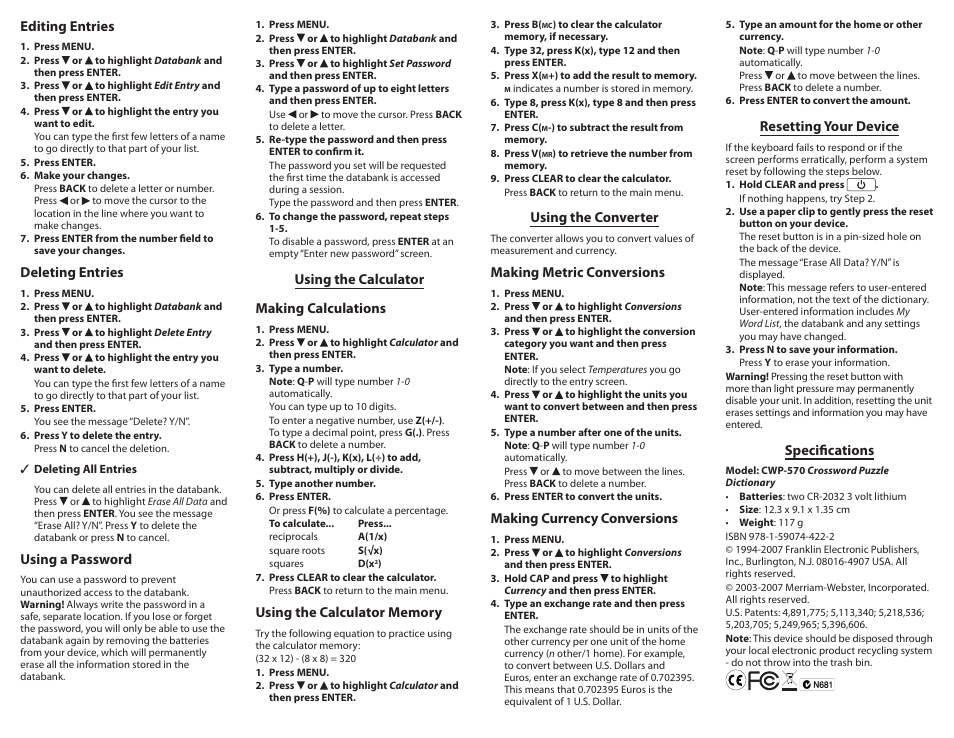 Using the calculator, Using the converter, Resetting your device | Specifications, Editing entries, Deleting entries, Using a password, Using the calculator making calculations, Making metric conversions, Making currency conversions | Franklin Crossword Puzzle Dictionary CWP-570 User Manual | Page 6 / 7