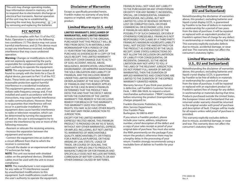 Fcc notice, Disclaimer of warranties, Limited warranty (u.s. only) | Limited warranty (eu and switzerland) | Franklin Crossword Puzzle Dictionary CWP-570 User Manual | Page 7 / 7