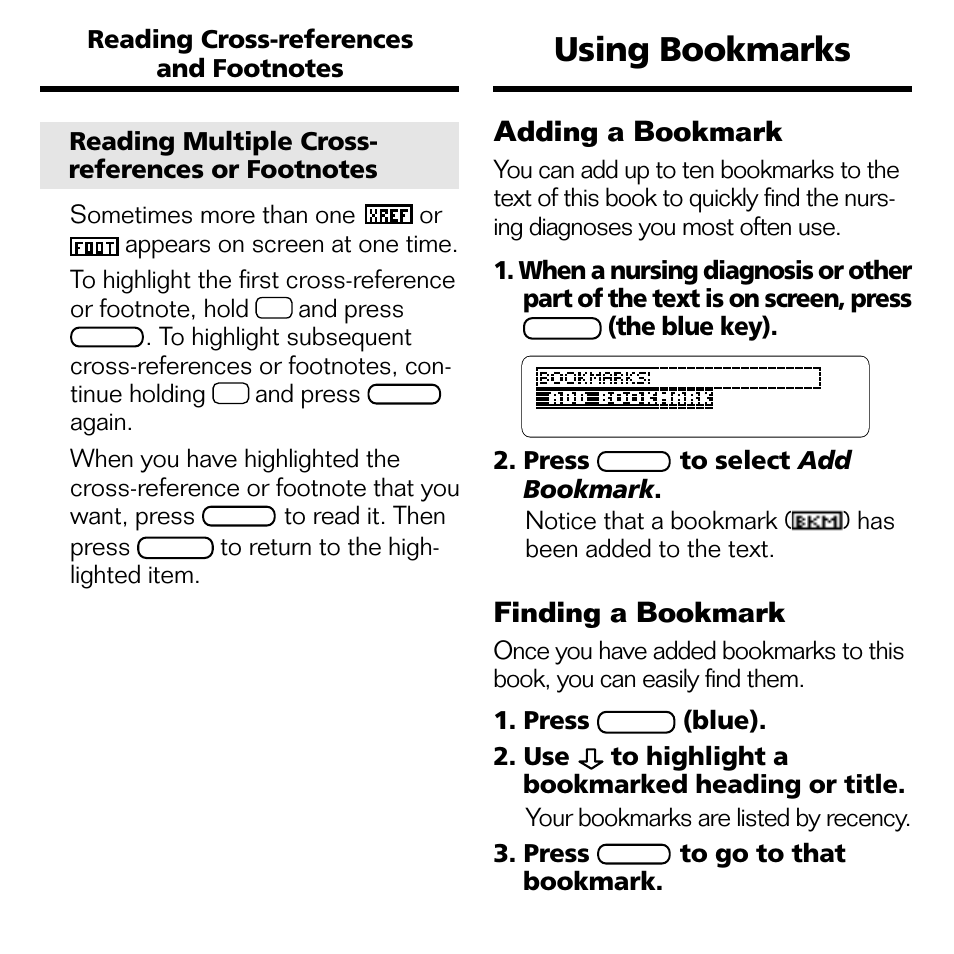 Using bookmarks, Adding a bookmark, Finding a bookmark | Franklin NND-2063 User Manual | Page 14 / 20