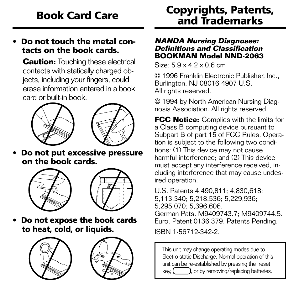 Book card care, Copyrights, patents, and trademarks | Franklin NND-2063 User Manual | Page 16 / 20