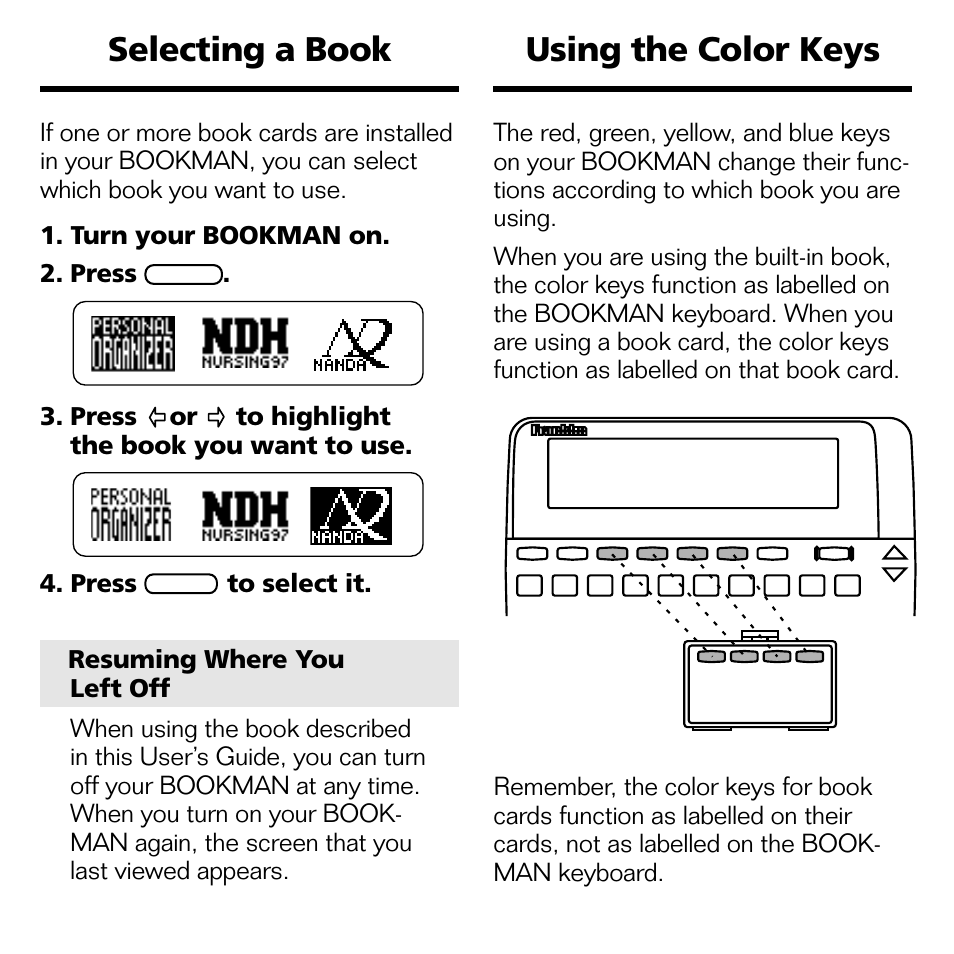 Selecting a book, Using the color keys, Selecting a book using the color keys | Franklin NND-2063 User Manual | Page 6 / 20