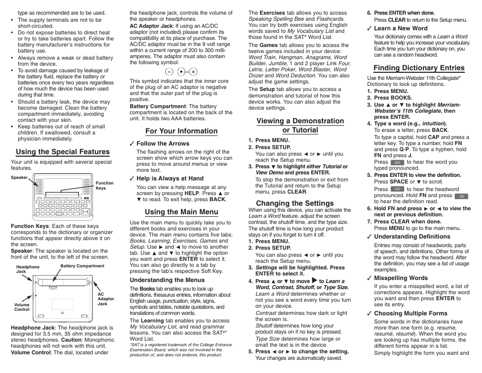 Using the special features, For your information, Using the main menu | Viewing a demonstration or tutorial, Changing the settings, Finding dictionary entries | Franklin SCD-1890 User Manual | Page 2 / 7