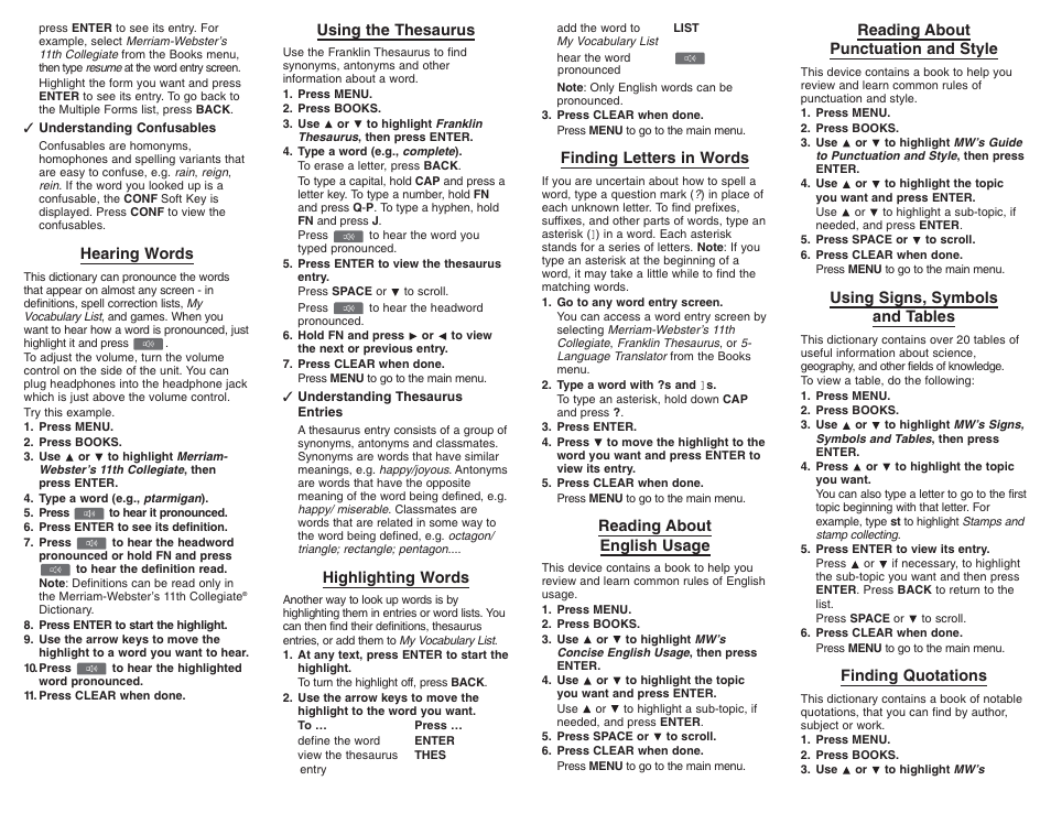 Hearing words, Using the thesaurus, Highlighting words | Finding letters in words, Reading about english usage, Reading about punctuation and style, Using signs, symbols and tables, Finding quotations | Franklin SCD-1890 User Manual | Page 3 / 7