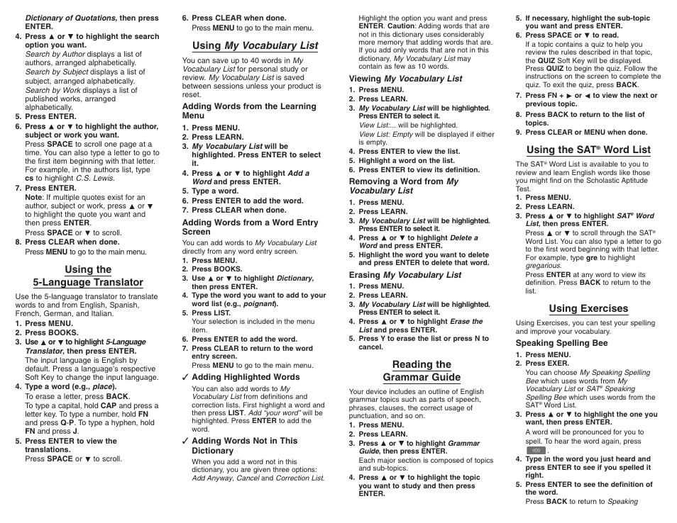 Using the 5-language translator, Using my vocabulary list, Reading the grammar guide | Using the sat, Word list, Using exercises | Franklin SCD-1890 User Manual | Page 4 / 7