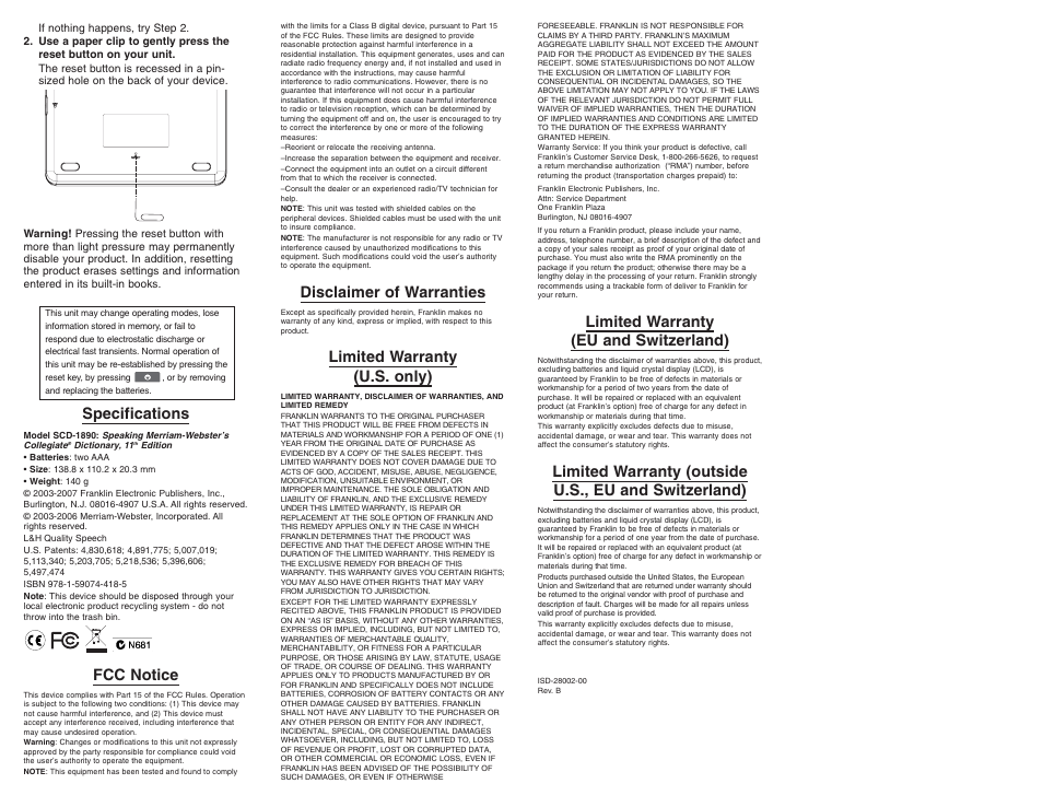 Specifications, Fcc notice, Disclaimer of warranties | Limited warranty (u.s. only), Limited warranty (eu and switzerland) | Franklin SCD-1890 User Manual | Page 7 / 7