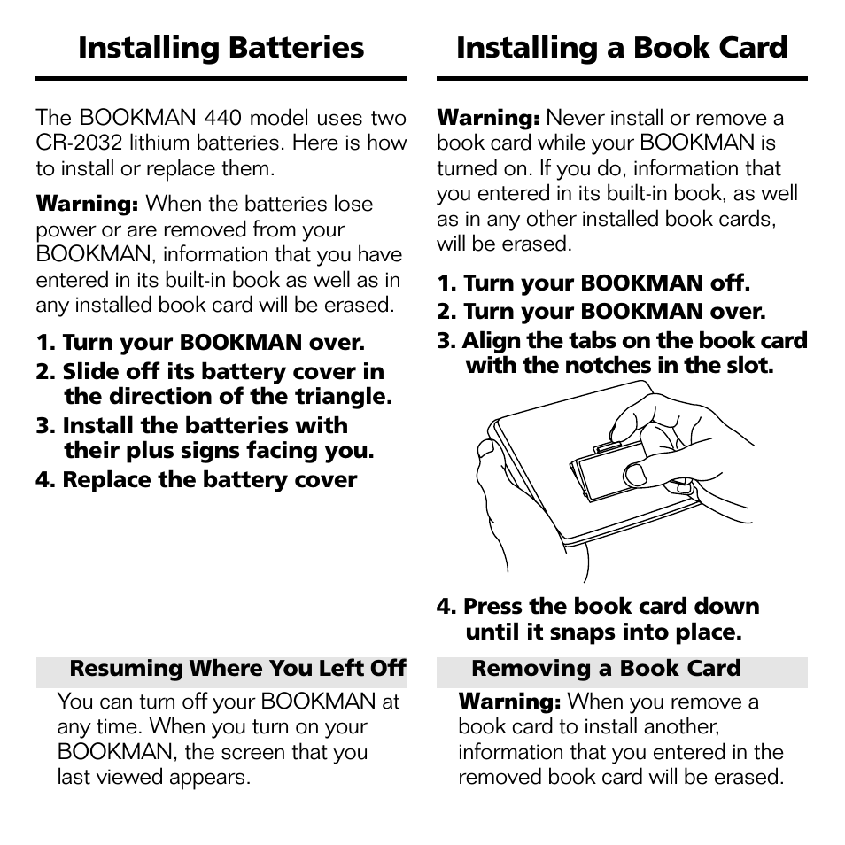 Installing a book card, Installing batteries | Franklin MOVIEVIEWS FLX-440 User Manual | Page 4 / 20