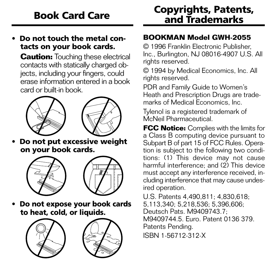 Book card care, Copyrights, patents, and trademarks | Franklin GWH-2055 User Manual | Page 15 / 21